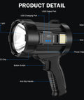 Beast Bright 2,000,000 Lumens Rechargeable Spotlight With Solar USB Dual Charging Handheld LED Spot Light features labeled