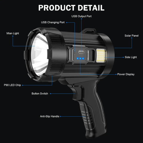 Beast Bright 2,000,000 Lumens Rechargeable Spotlight With Solar USB Dual Charging Handheld LED Spot Light features labeled