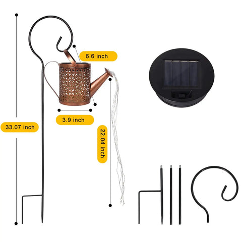 Dimensions of Solar Garden Watering Can With Lights, showing 33.07 inch stake and 6.6 inch can for outdoor decor setup.