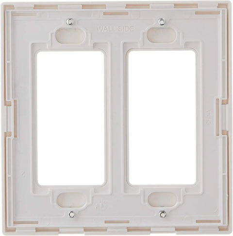 Back view of 2-Gang Decora Screwless Wall Plate Kit White 20 Pack Hook N Snap Mount, sleek polycarbonate design, no visible screws.