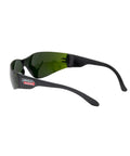 Top Shelf Lightweight Safety Glasses Featuring Ir Shade Five Lens For Cutting Or Brazing Tools Ultra Durable Construction Dang Comfortable Fit Zero Slippage Guarantee Hella Clear Vision Slick Black Frame side view against white background.