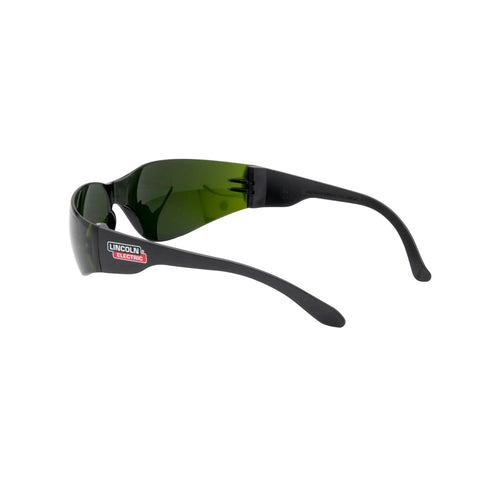 Top Shelf Lightweight Safety Glasses Featuring Ir Shade Five Lens For Cutting Or Brazing Tools Ultra Durable Construction Dang Comfortable Fit Zero Slippage Guarantee Hella Clear Vision Slick Black Frame side view against white background.