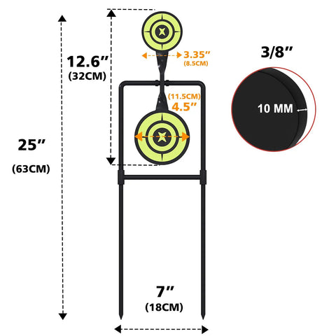 Diagram of Double Spinner Shooting Targets 3/8 Inch Thick Steel Auto Reset, sizes 3.5 and 4.5 inch, high-visibility design.