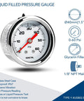 0-60 Psi Fuel Pressure Gauge 1/8 NPT Back Mount Brass And Stainless Steel Wetted Parts For Water Oil And Fuel Systems, Corrosion Resistant Dial Gauge Ideal For Fuel Regulators And Inline Testers. Liquid-filled 40mm gauge, stainless steel case