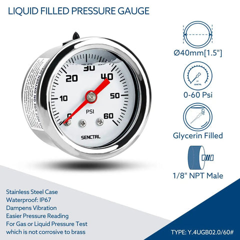 0-60 Psi Fuel Pressure Gauge 1/8 NPT Back Mount Brass And Stainless Steel Wetted Parts For Water Oil And Fuel Systems, Corrosion Resistant Dial Gauge Ideal For Fuel Regulators And Inline Testers. Liquid-filled 40mm gauge, stainless steel case
