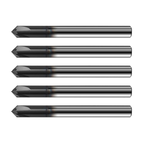 Five Pack One Quarter Inch Solid Carbide End Mills With AlTiN Coating, Four Flute Chamfer End Mills For Steel, Ninety Degree Chamfer