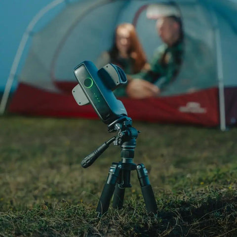 Pocket Size Mini Smart Telescope With App Control For Travel Camping And Hiking Grab And Go Ultra Lightweight Portable Astronomy Scope For Dark Sky Stargazing Backpacking And Adventure on tripod near tent