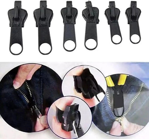 Image of a 12 Pack Black Zipper Pulls Replacement Kit Universal Zip Slider Teeth Zippers Quick Fix For Jackets And Garments Durable Rust Proof Easy Install For Crafts And Sewing Enthusiasts And Hobbyists, showing individual black zipper pulls and their installation on clothing.