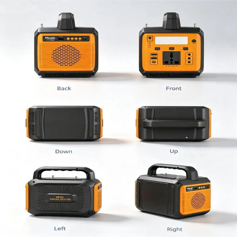 100W Camping Solar Power Station With Built In Bluetooth Speaker Hella Loud And Ready To Juice Up Your Electronics Smooth LiFePo4 Charging For Road Trips And Backyard Hangouts All In One viewed from multiple angles including front, back, sides, and top.