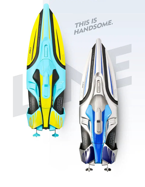 Top view of two colorful Ultra Fast 2.4G RC Boat With Dual Motors And Propellers, showcasing the 30 KMH Racing Power design.
