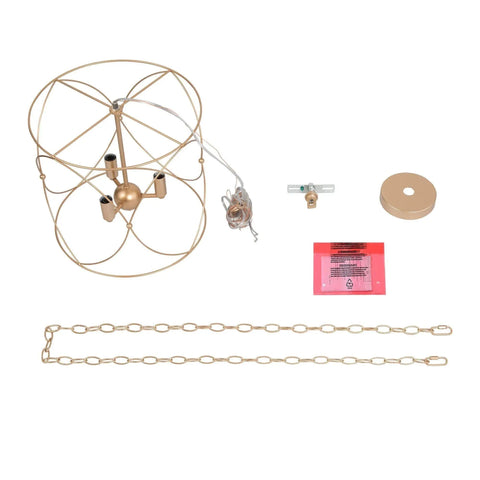 Gold Pendant Light With Cylindrical Lattice Cage Frame And Spherical Center Three Gold Candelabra Arms Bold Modern Farmhouse Vibe
