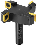 Heavy Duty Slab Flattening Router Bit With One Half Inch Shank And Two And One Half Inch Cutting Diameter, Four Wing Coated Carbide Inserts For CNC Spoilboard Surfacing, Planing Wood And MDF, Slab Leveler And Rabbeting, ATS Coating For Heat Resistance close-up view.