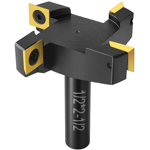 Heavy Duty Slab Flattening Router Bit With One Half Inch Shank And Two And One Half Inch Cutting Diameter, Four Wing Coated Carbide Inserts For CNC Spoilboard Surfacing, Planing Wood And MDF, Slab Leveler And Rabbeting, ATS Coating For Heat Resistance close-up view.