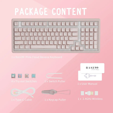 Premium Wireless Mechanical Keyboard With Hot Swap Gasket Mount, Lowkey Gorgeous Pink Shell, Effortless Bluetooth Connection, Vibrant RGB Lighting, Straight Upgrade For Modern Workspaces package contents including keyboard and accessories.