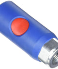 Prevost PRVURC061201 coupler, blue plastic body with red release button and metal threaded end, close-up view