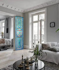 Hand Carved Authentic Barn Doors Custom Size For Interior Or Exterior Entrance Front Doors Double Or Single Hinged Or Sliding Rustic Farmhouse Vibe Antique Style Door No Glass Or Hardware Included in living room setting