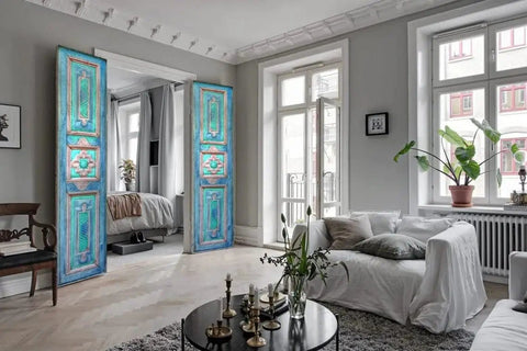 Hand Carved Authentic Barn Doors Custom Size For Interior Or Exterior Entrance Front Doors Double Or Single Hinged Or Sliding Rustic Farmhouse Vibe Antique Style Door No Glass Or Hardware Included in living room setting