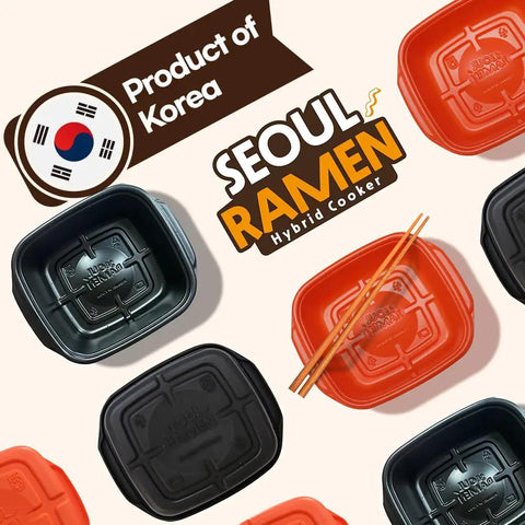Hybrid Ramen Cooker For Microwave Ramen In Minutes, perfect for Korean ramen, shown in red and black with Korean product label.