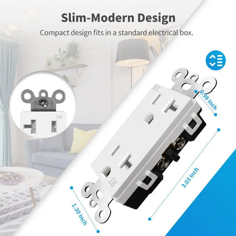 Heavy Duty Decorator Receptacle Outlet 20 Amp 125 Volt Tamper Resistant Grounding UL Listed White 50 Pack shown in modern room