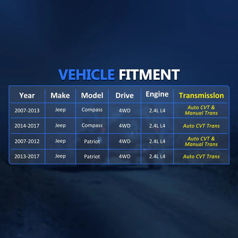 Vehicle fitment table for Front 4WD CV Axle Shaft Assembly For Jeep Patriot And Compass 2007-2014 2.4L Automatic CVT