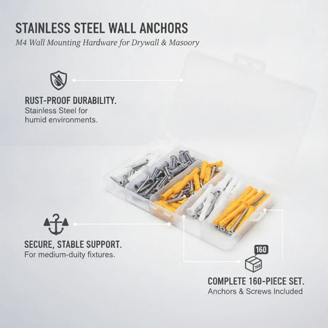 Stainless Steel Screw In Hooks And 160 Piece Mounting Hardware Kit For Drywall And Masonry Surfaces Includes Self Tapping Screws