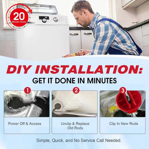 DIY installation guide for Upgraded DC97-16350V Suspension Rods Replacement Kit showing steps and a washer in the background.