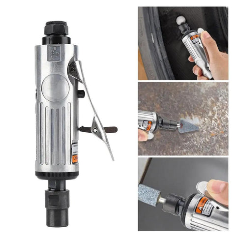 Badass Air Die Grinder Kit With 25000 RPM Speed And Quick Chuck Design Includes Lock Off Throttle Plus Extra Grinding Heads For Nitty Gritty Metalwork And Garage Projects, silver metal body with safety throttle.