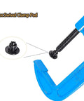 Close-up of Beefy 4 Inch C Clamps Set showing flex swivel clamp pad and blue heavy duty cast iron frame.