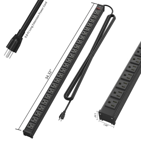 Massive 24 Outlet Metal Power Strip With 10-Foot Heavy Duty Cord Mountable For Warehouse Garage Workshop ETL Listed Black