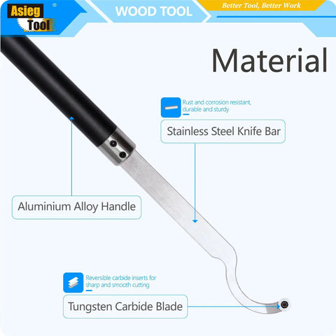 Close-up of Six Piece Pro Grade Carbide Tipped Wood Turning Tool Set with swan neck detailer and aluminum handle.