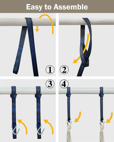 Easy assembly steps for Two Cushions Included Hammock Chair With Soft Cotton Handwoven Fabric Indoor Outdoor Hanging Rope Swing
