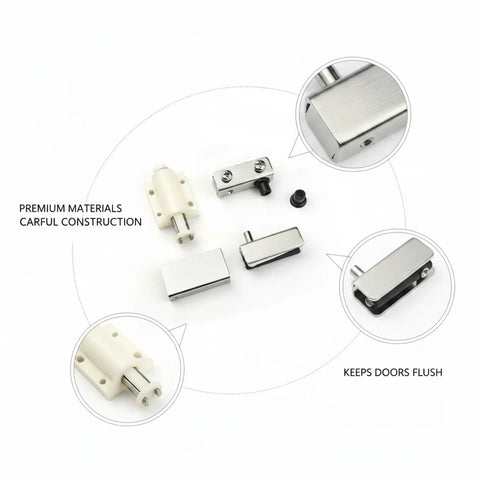 Magnetic Cabinet Catch For Glass Doors And RVs, Stainless Steel Slim Profile Latch Hardware components on white background