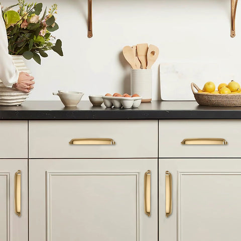 Champagne Bronze Cup Pulls 3 Inch Center To Center 10 Pack Zinc Alloy Cabinet And Drawer Handles in kitchen setting