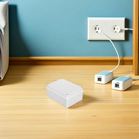 Super Cool 13 Piece Waterproof Junction Box Kit Ip65 Rated Plastic Electrical Enclosure on a wooden floor near power outlets.