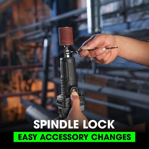 Heavy Duty 24 Volt Brushless Cordless Die Grinder Delivering Knockout 28000 Rpm with spindle lock for easy accessory changes.