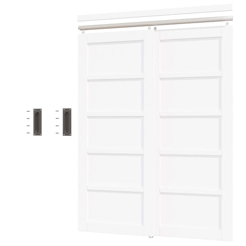 White Paintable MDF Double Five Panel Closet Sliding Doors With Hardware Kit, Pre Drilled Panels, 60 By 80 Inches, Barn Style Double Doors