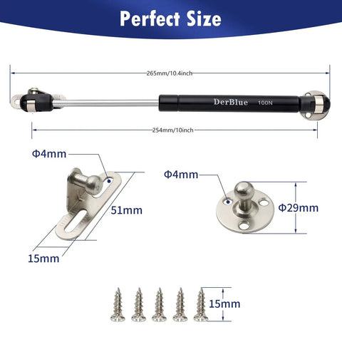 4 Pack 10 Inch Cabinet Gas Struts 100N Lift Supports, shown with brackets, screws, and dimensions for cabinets