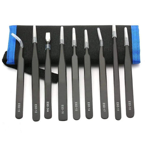 10 Piece ESD Safe Precision Tweezers Set Stainless Steel Anti Static Non Magnetic With Storage Bag For DIY Electronics Repair Jewelry Making And Laboratory Work, nine tweezers
