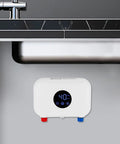 Compact Tankless Water Heater Electric Instant Hot Water Wall Mounted Unit Featuring Digital Display and Slick Thermostat under sink.