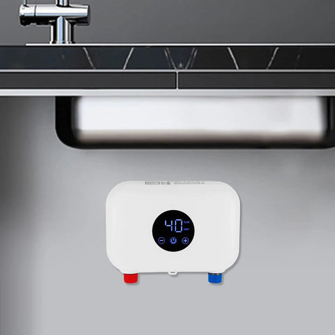 Compact Tankless Water Heater Electric Instant Hot Water Wall Mounted Unit Featuring Digital Display and Slick Thermostat under sink.