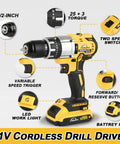 21V cordless drill driver with half inch chuck, two speed modes, 25+3 clutch, 798 in-lbs torque, dual Li-Ion batteries, fast charger