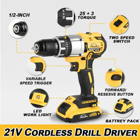 21V cordless drill driver with half inch chuck, two speed modes, 25+3 clutch, 798 in-lbs torque, dual Li-Ion batteries, fast charger