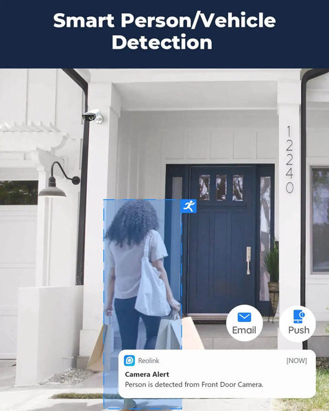 Outdoor Home PoE Security Camera System for your yard and driveway with dual lens 150 degree field of view 4MP and 2K color night vision smart human and vehicle detection two way talk showing person detection alert at front door