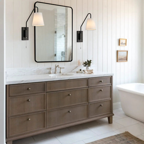 Bathroom with Hardwired Sconce Set of 2 for Bedside Wall Mount With Pull Chain, white fabric shades, sloped arm above vanity