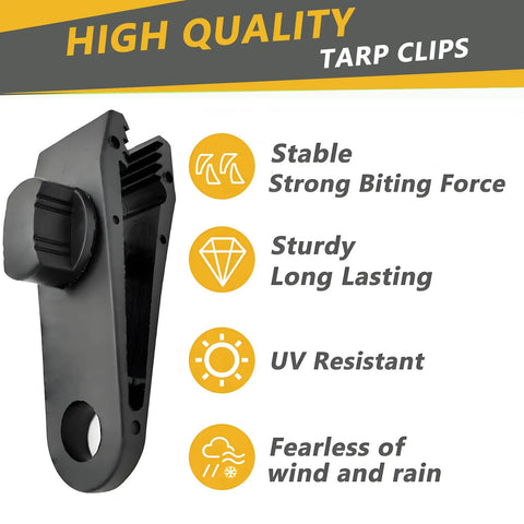 Heavy Duty Tarp Clips With Lock Grip 16 Pack Tarp Clamps showing strong biting force, UV resistance, wind and rain durability.