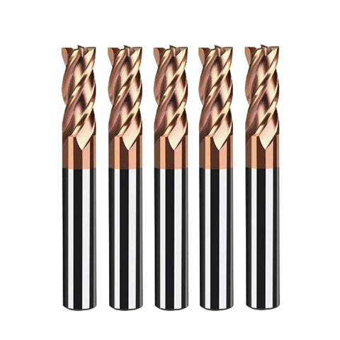 5 Pack Three Eighths Inch Carbide Square End Mills Set Pro Grade HRC55 Tungsten Steel End Mills Four Flutes For Alloy And Hardened Steels CNC Milling Cutters Durable High Wear Resistance End Mill Bits on white background