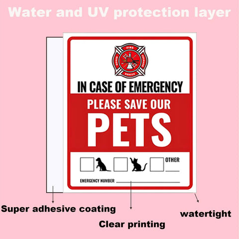 Pet Safety Alert Fire Rescue Stickers 20 Pack Four By Four Point Seven Inch Emergency Vinyl Door Window Signs For Your Fur Babies Firefighter Friendly Adhesive Decals Smoke Alarm Warning Labels Weatherproof Pet Protection showing water and UV protection layer, super adhesive coating, and clear printing.