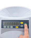 Display panel with hand on Eight Slot Coin Sorter and Counter for US Coins, Automatic Money Counter With Eight Tray Bins