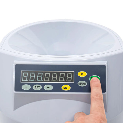 Display panel with hand on Eight Slot Coin Sorter and Counter for US Coins, Automatic Money Counter With Eight Tray Bins