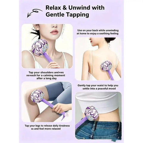 Wormwood Massage Hammer For Deep Tissue Tapping And Chill Relaxation in use for back and shoulder massage with cotton linen wrap.